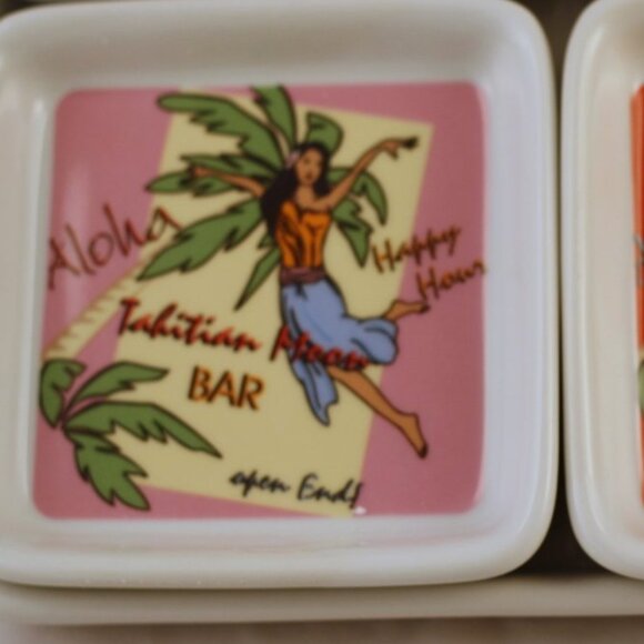 Tiki Bar Condiment Dishes Godinger & Co Tahitian Moon Porcelain Plates 5 pc Set - Picture 5 of 13